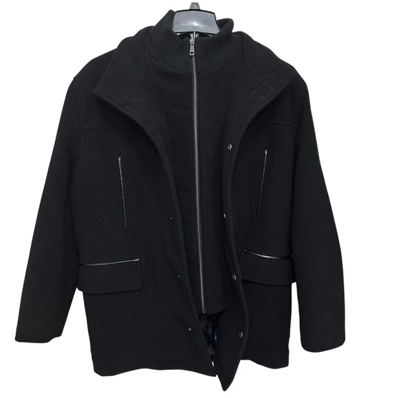 Cole Haan V8208 Men's Black Wool Blend Plush Car Coat Size Large Pockets - Picture 4 of 12
